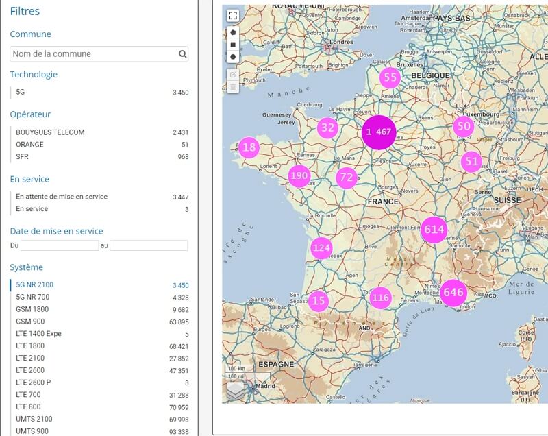 Carte du refarming 4G 2 100 MHz pour la 5G au 1er novembre 2020