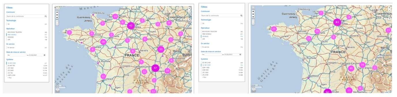 Carte d'implantation des antennes 5G Free en 3,5 GHz vs Orange