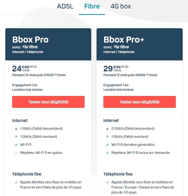 Il y a deux offres internet pro Bouygues compatibles ADSL et fibre