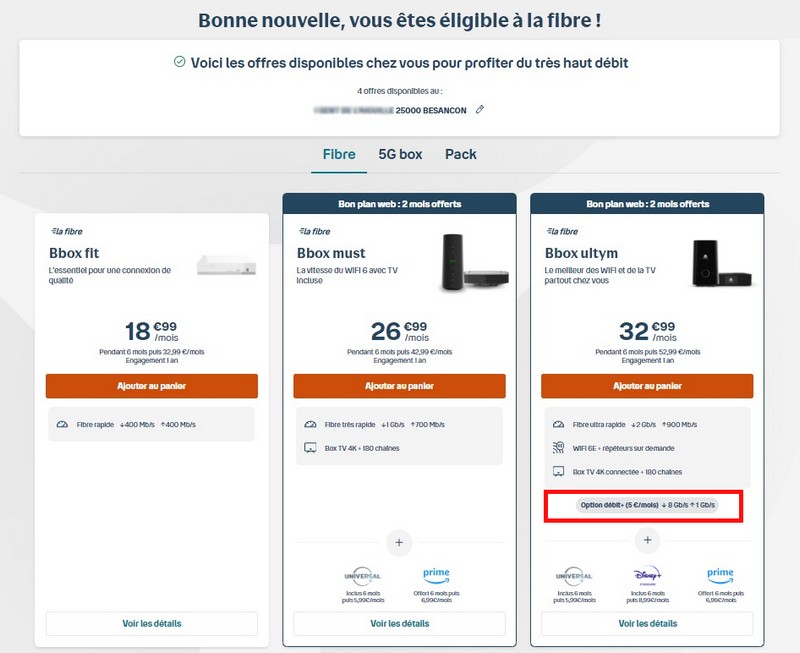 Capture d'écran du résultat d'un test d'éligibilité à la fibre de Bouygues