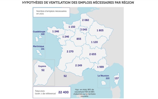 Les emplois à pourvoir dans la fibre par département d'ici à 2021