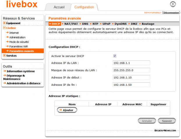 Paramètres avancés : DHCP