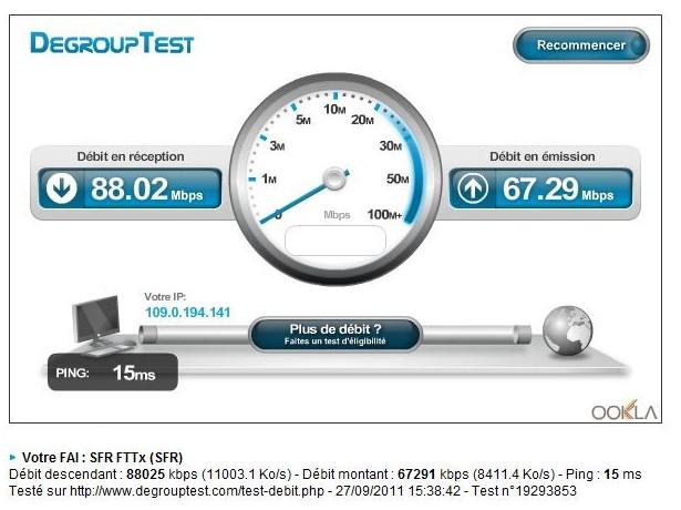 Test de débit d'une connexion en fibre optique chez SFR