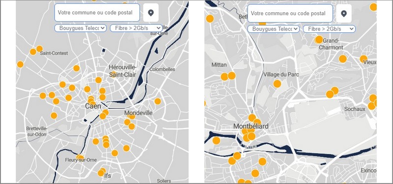 Caen et Besançon éligibles à la fibre XGS-PON de Bouygues sur la carte de Degrouptest.com